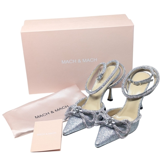 NIB MACH & MACH Double Bow Crystal Glittered Silver Pointed Toe Pump Size 38.5 - Picture 3 of 16